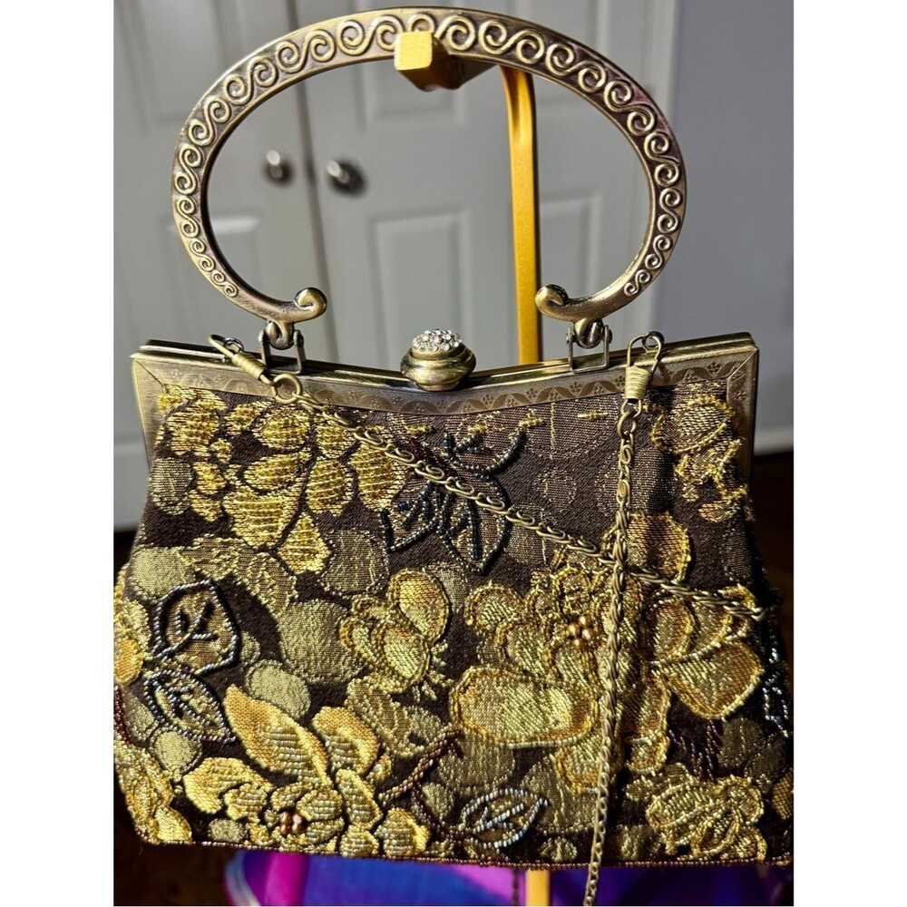 Vintage Style Gold Beaded Brocade Floral Frame Bag Top Handle - Picture 2 of 3